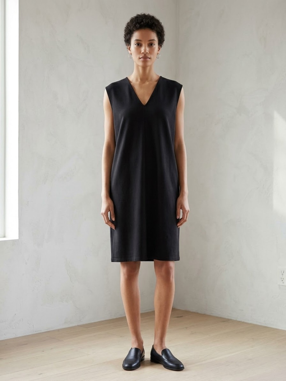 Eileen Fisher Black Sleeveless Flex Tencel Ponte V-Neck Shift Midi Dress Size L